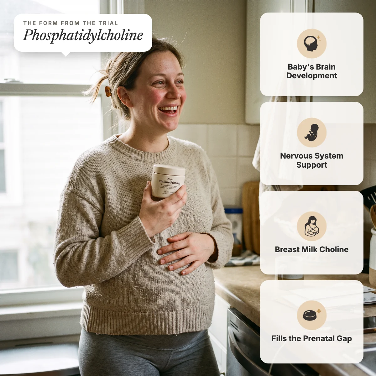 900mg of choline every day: baby's brain development, nervous system support, breast milk choline, fills the prenatal gap