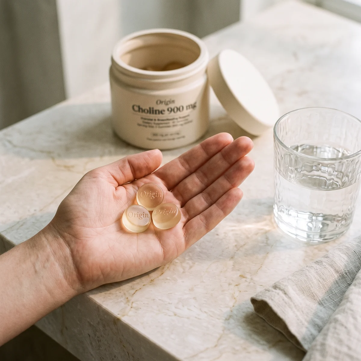 A hand holding two Origin gummies next to a glass of water