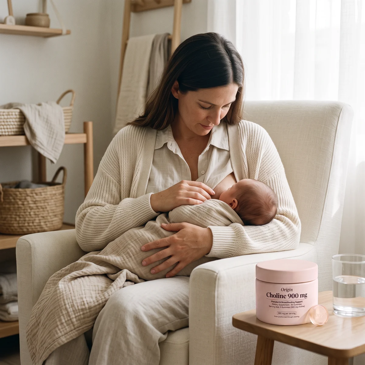A mother breastfeeding in a calm nursery with Origin on the side table